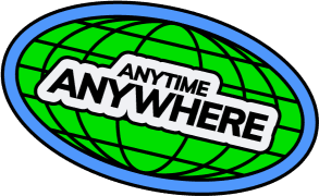 Globe with the words anytime anywhere over it