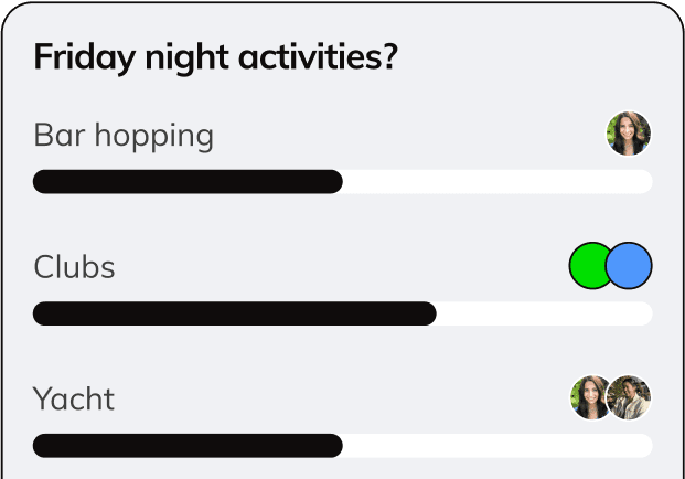 A poll on the Batch App asking what activities they should do on friday night, bar hopping, clubs, or a yacht party.